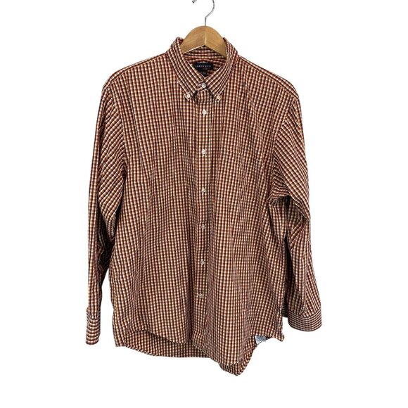 Lands End Men’s 17-34 Plaid Long Sleeve Button Down Red Yellow White Blue - Picture 1 of 6